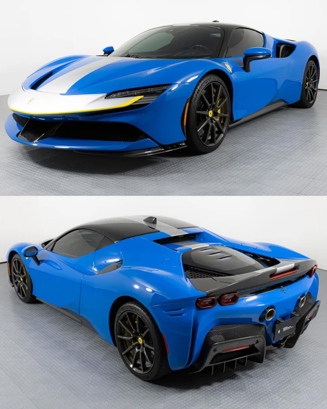 Авто 2022 Ferrari SF90 Stradale финишировал в поразительном Azzurro Dino | Цена: $869 000 Он также оснащен пакетом Assetto Fiorano с двухцветной гоночной ливреей и кожаным салоном Nero с акцентами Baby Blu