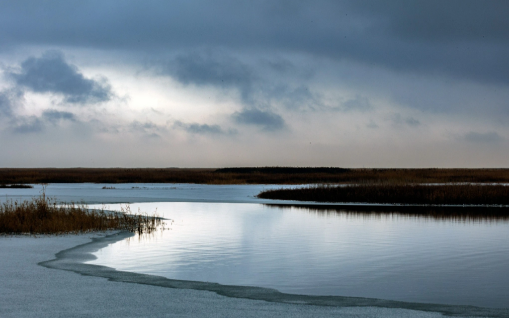 Природа Зимний пейзаж озера. Озеро только начинает замерзать.